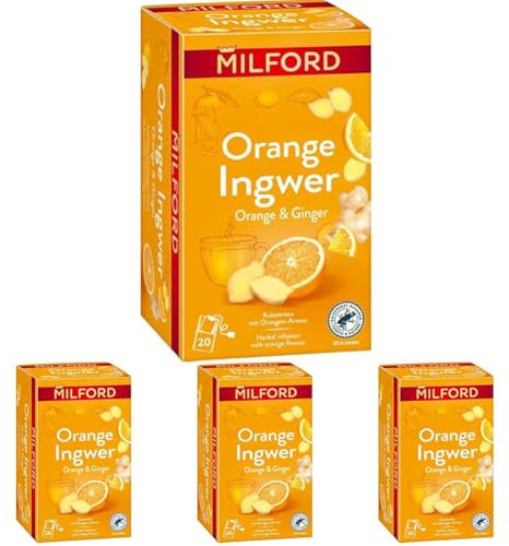 MILFORD Orange Ingwer | Kräutertee mit Orangen-Aroma | 20 Teebeutel (Packung mit 4)