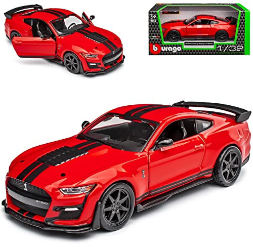 alles-meine.de GmbH Ford Shelby Mustang GT500 VI Coupe Rot mit Streifen in Schwarz Modell Ab 2014 Version Ab 2020 1/32 Burago Modell Auto mit individiuellem Wunschkennzeichen