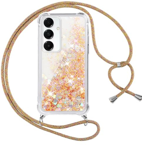 Vauki handyband für Samsung Galaxy S25 5G Hülle mit Band, Silikon Durchsichtig Transparent Flüssig Glitzer mit Kette Kordel Bumper Treibsand Necklace TPU Schutzhülle Case für Samsung Galaxy S25, Gold