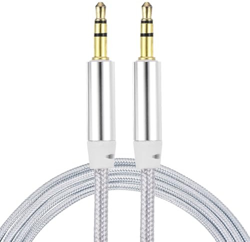 sourcing map Aux Cable 3.5mm Male to Male Nylon Braided Cord 6.6Ft 3 Pole Stereo Sound Auxiliary Cable Silver for Earphones, Smart Phones, Home/Car Stereos, Speakers, Computers