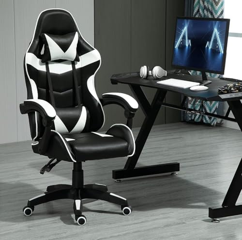mcc direct Swivel Faux Leather Office Chair Racing Sports Gaming Tilt Computer Desk Chair with Headrest & Lumbar Cushion A - (White)