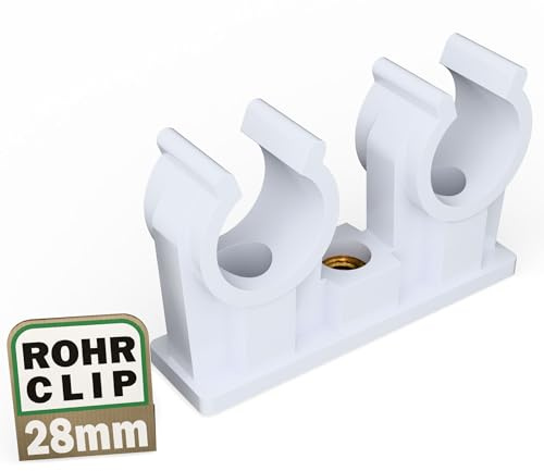 FUX 10 Rohrclips 28mm Rohrschellen, Rohrklemmen mit M6 Metallgewinde, Rohrhalterung, Doppelschelle für Sanitär & Heizung