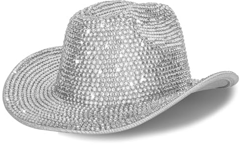 Silver Diamond Cowboy Hat for Men and Women – Unisex Adult Texan Cowgirl Hat Fancy Dress Party Accessory