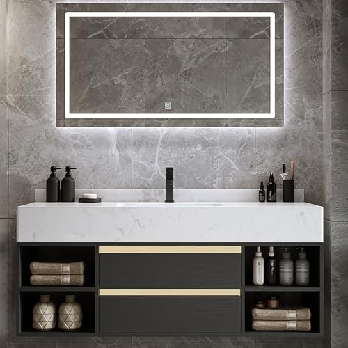 homary Mueble de baño moderno flotante de 100 cm con parte superior de piedra sinterizada, mueble de baño negro montado en la pared con lavabo empotrado, asas doradas y cajones de cierre suave