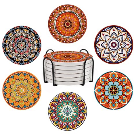 Boho Mandala Keramik Untersetzer, 6er Set Getränkeuntersetzer mit Metallhalter, saugfähige runde rutschfeste Getränkebecher Cup Coaster Housewarming Room Bar Mode Dekoration Geschenk