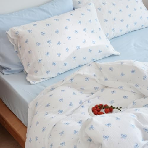 Musselin Bettwäsche 135x200 Baumwolle Blau Schleifen Kinderbettwäsche