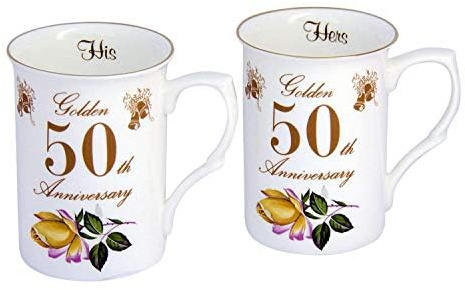 heritage Pair of 50th (Golden) China Wedding Anniversary Mugs