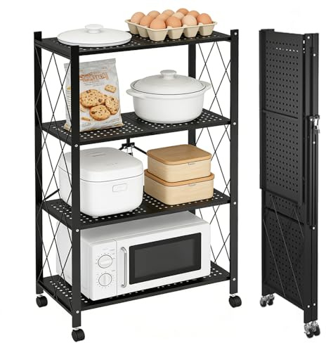 4 Etagen Klappbares Regal, Klappregal Mit Rollen, Faltbare Schwerlastregal, Faltbares Metallregal für Küche, Bücherregal, Schwerlast klappbares Regal für Küche, Wohnzimmer, Studie, Speisekammer.