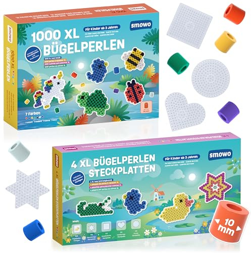 10mm Bügelperlen Set mit 4 Steckplatten und Bunten Perlen - Platten Rund, Stern, Viereck, Herz und Vorlagen - Große Maxi Stiftplatten für Kinder ab 3 Jahren