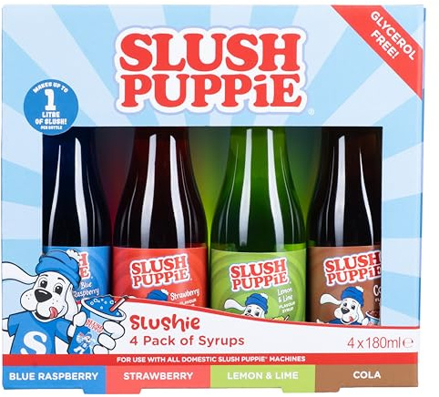 Slush Puppie 4-Pack Syrups Set. 4x180 ml. Includes Blue Raspberry, Strawberry, Cola & Lemon-Lime Flavours.