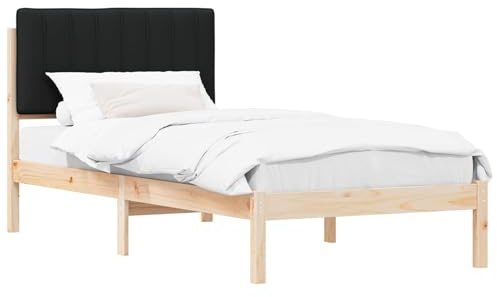 vidaXL Bettgestell mit gepolstertem Kopfteil Natürlich und Schwarz, Moderner rechteckiger Bettrahmen, gepolsterter Kopfteil, aus massivem Kiefernholz, stylisches Möbel für Dein Schlafzimmer