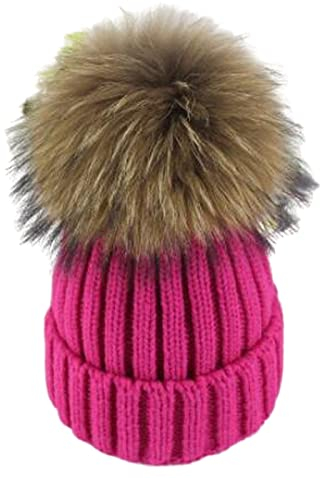 feifanshop Damen Echtfell Waschbär Fell Pelz Bommel Strick Mütze Winter-Mütze Bommelmütze