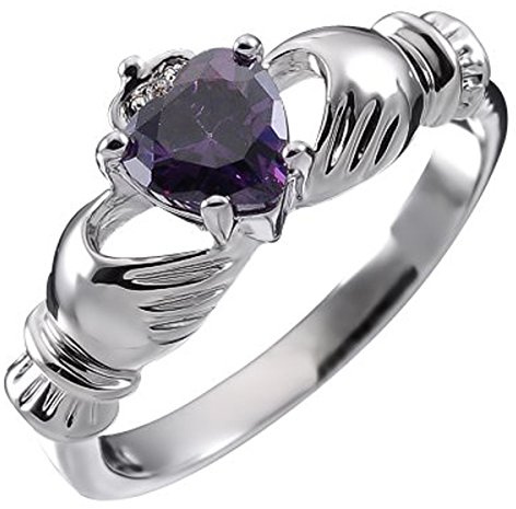 GWG Jewellery Anello Argento Sterling Claddagh con Cuore in Purpureo Ametista, Mani e Corona in Confezione Regalo per Donne