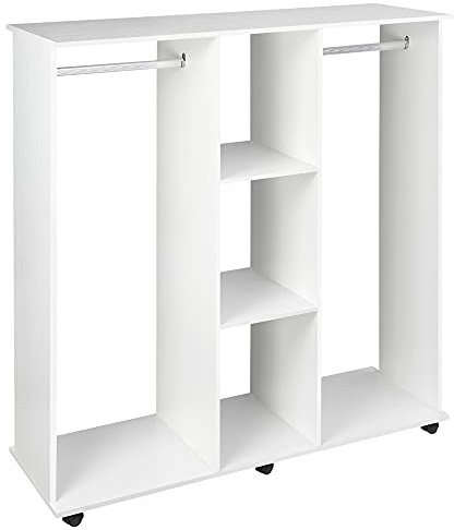 HOMCOM Double Open Wardrobe on Wheels, Bedroom Wardrobe with Clothes Hanging Rails, 3 Storage Shelves, Mobile Garment Rack for Cloakroom, Hallway, White