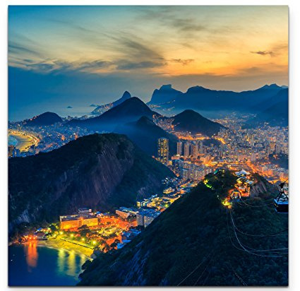 Paul Sinus Art Leinwandbilder | Bilder Leinwand 90x90cm Rio de Janeiro - Copacabana Strand, Urca und Botafogo vom Sugar Loaf Rio, Strand, Ausblick, Reisen