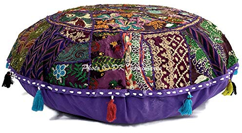 DK Homewares Traditionell Baumwolle bodenkissen bezug 80x80 Runde Stuhlkissen Bohemian Lila Patchwork Gestickt Wohnkultur Rund Vintage Bodensitzkissen Orientalisch - 32x32 Inch
