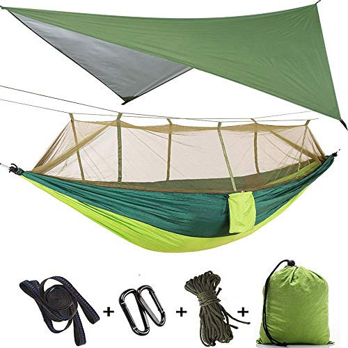 3in1 Camping Hängematte mit Zipper Moskitonetz und Zeltplane,300kg Last Hängematten Atmungsaktiv Moskitonetz Schnell Trocknend Fallschirm Plane für Camping Wandern Reise Hof (Grüne Hängematte)