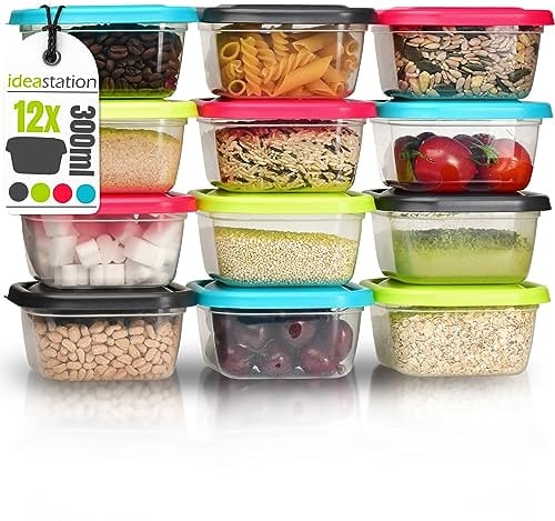 idea-station Vorratsdosen mit Deckel 12 x 300 ml - bunt - stapelbares Frischhaltedosen Set - perfekt als Snackbox für Kinder oder Gefrierdosen einsetzbar
