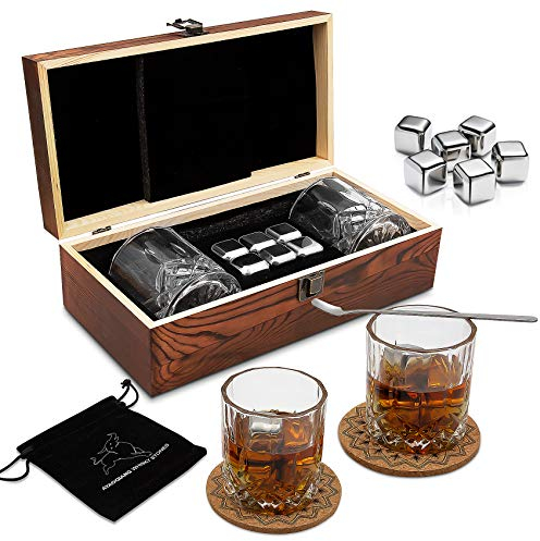 Whisky Steine Geschenkset – 6 Edelstahl Whisky Eiswürfel Wiederverwendbar - Whiskey Rocks Cooling Stones, Besondere Geschenke für Männer - Whisky Kühlstein Für Whiskey, Wodka, Gin, Wein & Mehr.