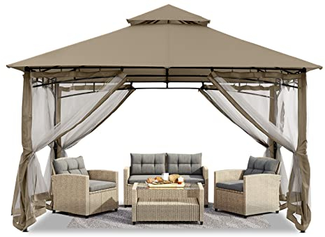 ABCCANOPY 3x3M Outdoor Gazebos With Netting for Patios Double Roof Soft Canopy Garden Backyard Gazebo for Shade and Rain (Khaki)