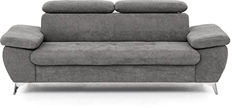 Mivano 3er-Sofa Gisele / Sofagarnitur mit Kopfteilverstellung und Armteilfunktion / 217 x 83 x 100 / Velours, Grau