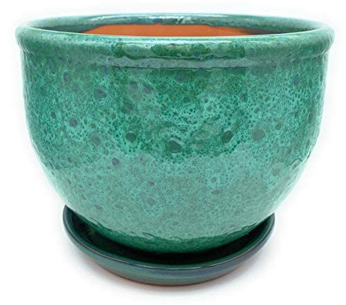 Sun Cakes Glazed Ceramic Plant Pot with Saucer Terracotta Pot/Sea Foam (35cm x 25cm, Green)