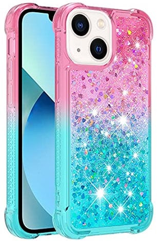 KBIKO-zxl Compatible with Glitter Liquid Case for iPhone 13, Sparkle Sequin Floating Quicksand Solid Love TPU Shockproof Protective Cover for iPhone 13.Pink Blue YBJ