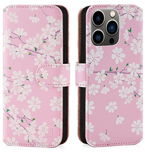 32nd Floral Series 3.0 - Design PU Leather Book Wallet Case Cover for Apple iPhone 14 Pro (6.1), Designer Flower Pattern Wallet Style Flip Case With Card Slots - Cherry Blossom