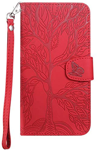 Aisenth Coque pour Samsung Galaxy A33 5G, Arbre de Vie Papillon Motif Housse Case en Cuir Synthétique Cover à Rabat, Portefeuille Étui de Protection avec Fentes pour Cartes, Rouge