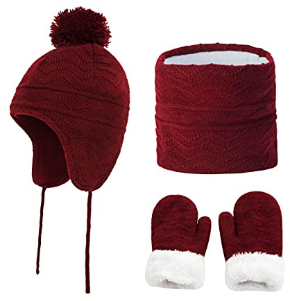 IBLUELOVER 3Pcs Ensemble Bonnet Tricoté Enfant Écharpe Gants d'hiver Cagoules Ski Chaud Tour De Cou Moufle Fille Garçon Bonnet Pompon avec Épaisse Doublure Polaire Chapeau Oreillette et Cache-Cou