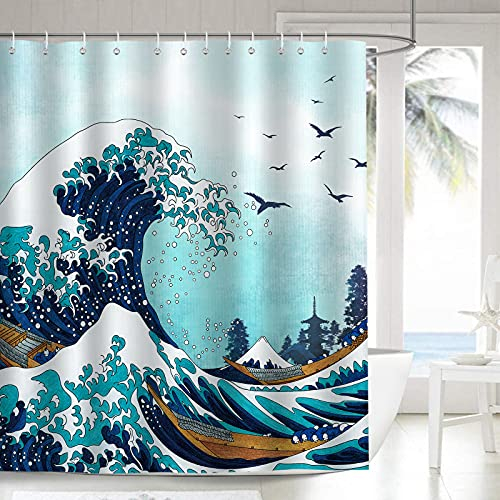Bonhause Duschvorhang Japanische Welle Kanagawa Ozean Blau Duschvorhänge 180 x 200 cm Anti-Schimmel Wasserdicht Polyester Stoff Waschbar Bad Vorhäng für Badzimmer mit 12 Haken