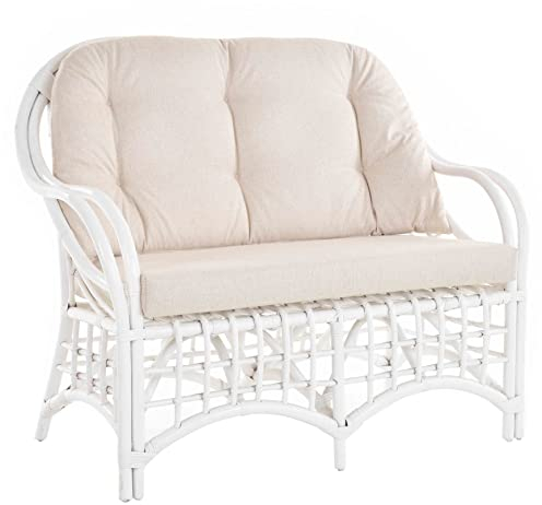 Krines Home Wintergarten Rattansofa Natur Rattan Sofa Zweisitzer Wohnzimmer Couch Rattanmöbel (Gestäbt Weiss, 2-Sitzer)