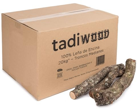 Leña de Encina. Troncos Medios Ideales para Barbacoas, Chimeneas y Estufas. Leña Seca, Poda Controlada, sin plásticos. 100% España. ~20kg/60L