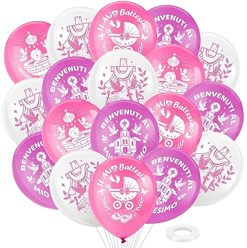 DPKOW 28 Pezzi Palloncini Battesimo per Bimba Battesimo Decorazioni, Palloncini Festa Battesimo Bianco Rosa Il Mio Bimbo Palloncini in Lattice per Bambini Nascita Comunione Baby Shower Decorazioni