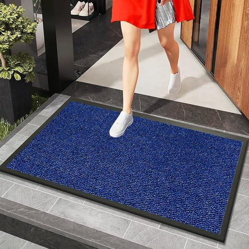 Rugs Inn Sunny Rubber Door Mat Outdoor - Strong PVC Backing Solid Thick Waterproof Kitchen, Bathroom, Machine Washable Indoor Floor Mats (40 x 60 cm, Blue)