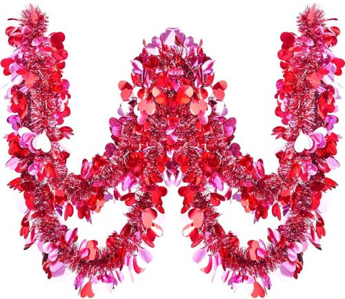 10 Meters Pink Tinsel Garland Valentine's Day Pink Tinsel Pink Garland for Garland Tinsel Heart Shape Tinsel Garland for Wreath Wedding Party Shiny Decor (Pink + Red)
