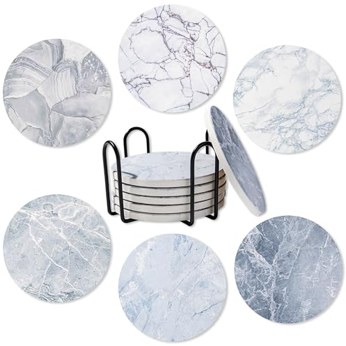 Ocves Untersetzer 6 Stück, saugfähige Keramik-Getränkeuntersetzer mit Halter, runde Untersetzer mit rutschfestem und kratzfestem Korkboden für Couchtisch, Heimdekoration, Einweihungsgeschenk (Marmor)