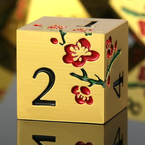 DNDND Metallwürfel mit Blumen, 7 Stück, metallische DND-Würfel mit wunderschöner Geschenkbox für D&D-Dungeons und Drachen-Tischspiele (rote Blumen mit Gold)