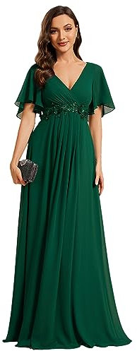 Ever-Pretty Women's Chiffon V Neck Short Sleeves Appliques Bridesmaid Dressses Prom Dresses Dark Green 18UK