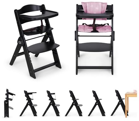 ms Chaise haute pour bébé en bois pliable – évolutive – Chaise haute, ergonomique, réglable, sécurisée, noir/rose