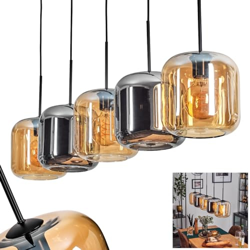 Pendelleuchte Lauden, Pendellampe aus Metall/Glas in Schwarz/Bernstein/Chrom, Leuchte im modernen Retro/Vintage-Design mit Schirmen aus Glas (Ø 20 cm), Höhe max. 147,5 cm, 5 x E27, ohne Leuchtmittel