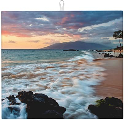 Dish Drying Mat 41x46cm, Beach Maui Hawaii Sunset Clouds Kitchen Dish Drying Pad with Hanging Loop Dish Dryer Pad Durable Drain Mat, for Glass Plate, Dish Kitchenware, Beer Glass
