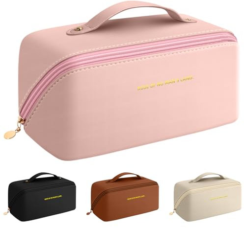 Trousse de Maquillage, Étanche Trousse de Toilette Femme, Trousse Maquillage Femme, Sac à Cosmétiques en Cuir PU Pochette, Sac à Maquillage Portable Grande Capacité (Rose)