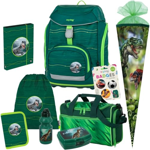 Generisch Oxy Bag Sherpy Green - Dinosaurier - Jurassic - T-Rex Schulranzen-Set 8tlg. mit Schultüte, Sporttasche, Brotdose und Trinkflasche - Heftbox A4 Gratis dazu