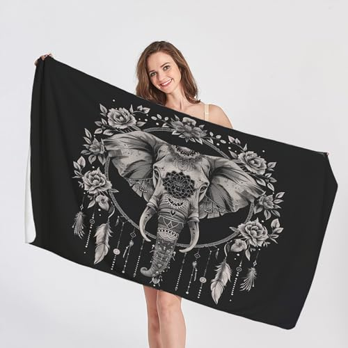 QEODAH Elefant Strandtuch XXL - Traumfänger Boho Badetuch 200x200 - Schnelltrocknend & Ultraleicht & Sandfreie Strandhandtuch, Weich Mikrofaser Handtücher, Pflegeleicht Badetücher Handtuch