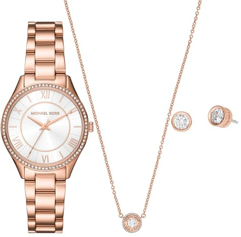 Michael Kors Lauryn Women's Three Tone Rose Gold Tone Stainless Steel Bracelet Watch, Earrings and Necklace Gift Set (Model: MK4850SET), Rose Gold, Rose gold, stainless steel