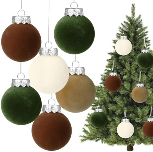 DIYDEC Palline di Natale in Velluto 8 cm - Set di 12 Decorazioni Infrangibili per Albero - Bianco Verde - Floccate da Appendere per Feste