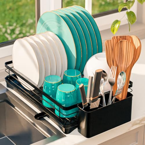 Homiu Dish Drainer Rack - Stainless Steel Utensil Holder - Swivel Drainage Spout - Kitchen Sink Draining Board - Dish Drying Rack for Kitchen Counter - Drying Rack & Cutlery Holder Black