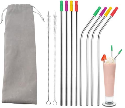 VirtuGro 8Pcs Metal Straws Drinking Reusable Stainless Steel Straws Bendy & Straight Straws with Cleaning Brush & Silicone Tips for Cocktail, Milkshake, Smoothie, Milk, Juice Cold/Hot Drinks