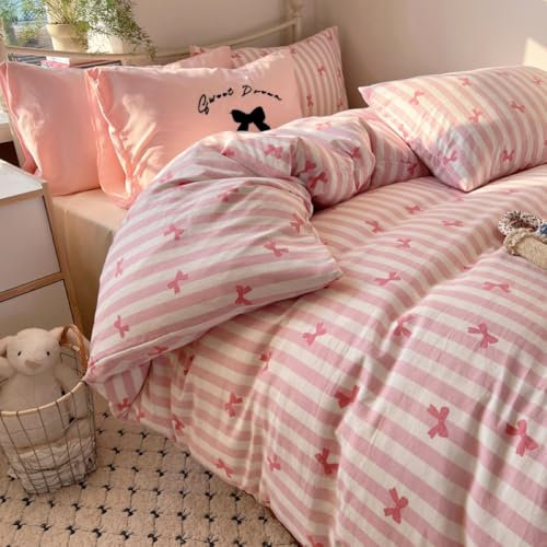 Covebett Housse de Couette 140x200 Rose et Blanc Nœud Papillon Rayures Parure de Lit 1 Personnes Mignon Microfibre Ado Fille Linge de Lit Adulte et 1 Taie Oreiller 65x65 avec Fermeture Éclair